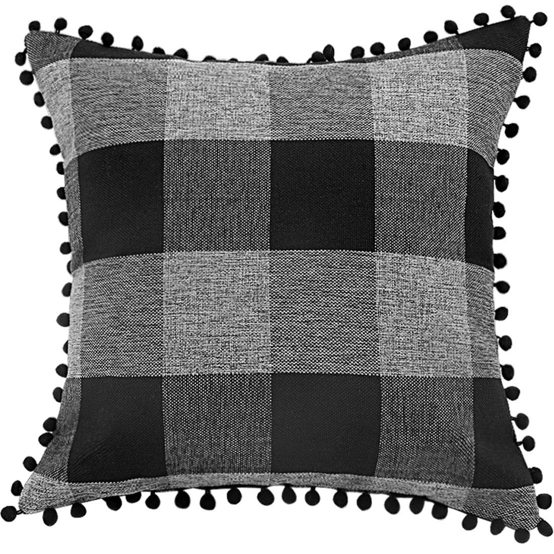 PiccoCasa 1 Pcs Buffalo Check Plaid Throw Pillow Cover with Pompoms, 45 x 45cm, Retro Checkers Decorative Cushion Cover for Sofa Couch Bed Home Decor, Black and Gray