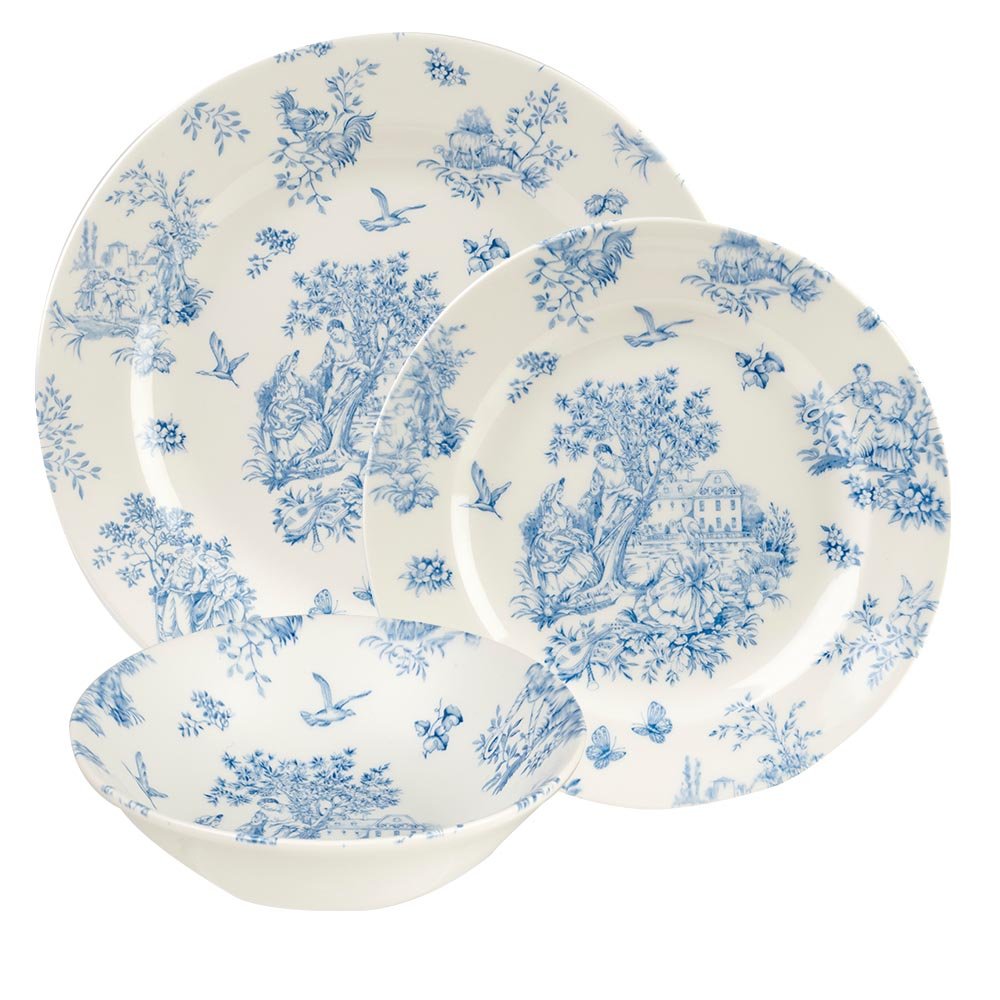 Queens Toile DE Jardin 12 Piece Dinner Set, Earthenware, White and Blue