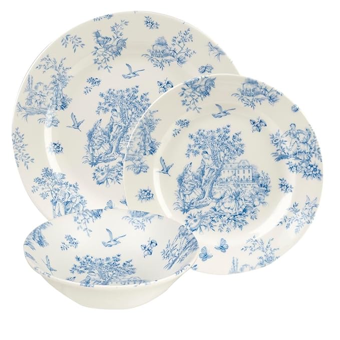 Queens Toile DE Jardin 12 Piece Dinner Set, Earthenware, White and Blue