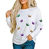 Mardi Gras Shirts for Women Sequin Print Long Sleeve Casual T Shirt Tuesday Carnival New Orleans Party Tee Tops
