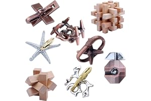 RLYLF 8 Pieces Wooden and Metal Brain Teaser Puzzles 3D Education Toys for Adults and Kids IQ Logic Training Family Game Party Favor Coffee Table Time Unlock Interlock Mind Puzzles Box