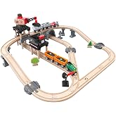Hape Crane and Cargo Train Set | Wooden Railway Toy Set with Magnetic Crane, Button Operated Loader and Adjustable Rail Signal