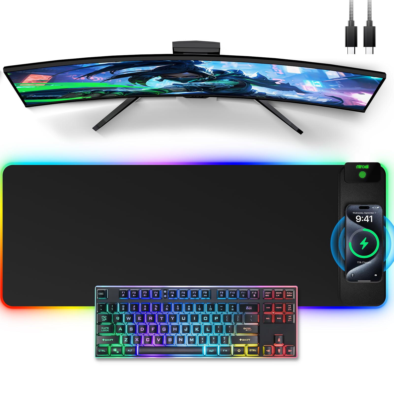 Wireless Charging Mouse Pad, 31.5"x11.81" XL Gaming Mousepad with 11 RGB Colors & 5 Lighting Modes, Home Office Large Desk Pad, Ultra-Smooth Surface, Non-Slip, Waterproof Keyboard Pad Black Desk Mat Image