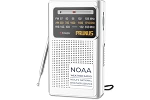 PRUNUS J-161 Pocket NOAA Weather Radio, AM FM Radio Battery Operated by 2 AA Transistor Radio with Best Reception,Stereo Earphone Jack, for Emergency,Hurricane,Running, Walking,Home (Silver)