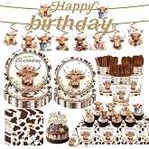159pcs Brown Cow Birthday Decorations Include Tableware Set, Banner, Hanging, Tablecloth, Cupcake Topper, Centerpiece, for Western Farm Animals Kids Birthday Baby Shower, Serves 20