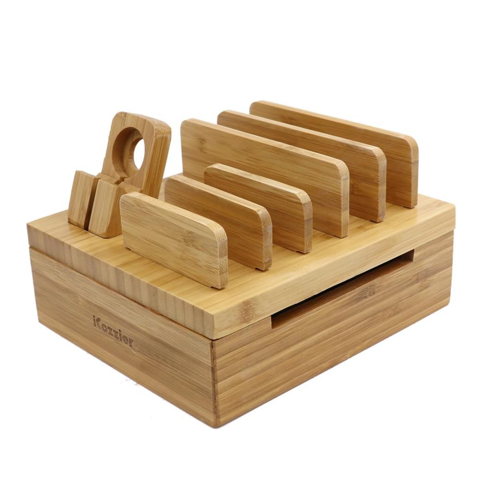 iCozzier Bamboo 5-slot Removable Tablet Phone Stand Holder Desktop Organizer for Watch, Phone, Pad, Watch Stand Cord Organizer Multi-Devices Docking Station