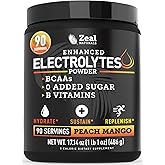 Zeal Electrolyte Powder - 90 Servings | Keto Electrolytes Powder | Zero Sugar, BCAAs, B-Vitamins | Potassium, Zinc, Magnesium | Hydration Powder Recovery Drink | Peach Mango