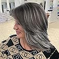 KRSI Layered Grey Wigs for Women Short Gray Wigs Wavy Salt and Pepper Wigs with Bangs White Womens Wigs with Curtain Bangs Natural Synthetic Hair Wigs for Women Girls Layered Pixie Cut Wig 14inch