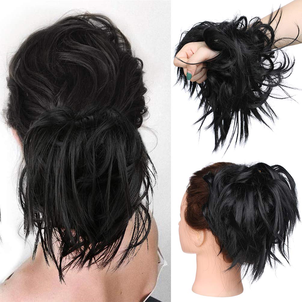 Tousled Updo Messy Bun Hair Extension Instant Ponytail With Elastic Rubber Band Updo Chignon Donut Scrunchies Extensions Hairpiece Synthetic Wavy Hair for Women Dark Black