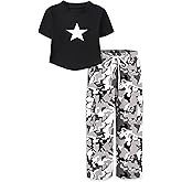 ARTMINE Girls' 2 Piece Outfits Wide Leg Drawstring Cargo Pants and Short Sleeve Top Set, 6-14 Years