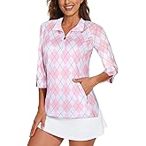 Viracy Women's Golf Shirts 3/4 Sleeve Sun Protection Quarter Zip with Zipper Pockets Athletic Polo Workout Tops S-2XL