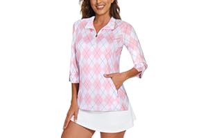 Viracy Women's Golf Shirts 3/4 Sleeve Sun Protection Quarter Zip with Zipper Pockets Athletic Polo Workout Tops S-2XL