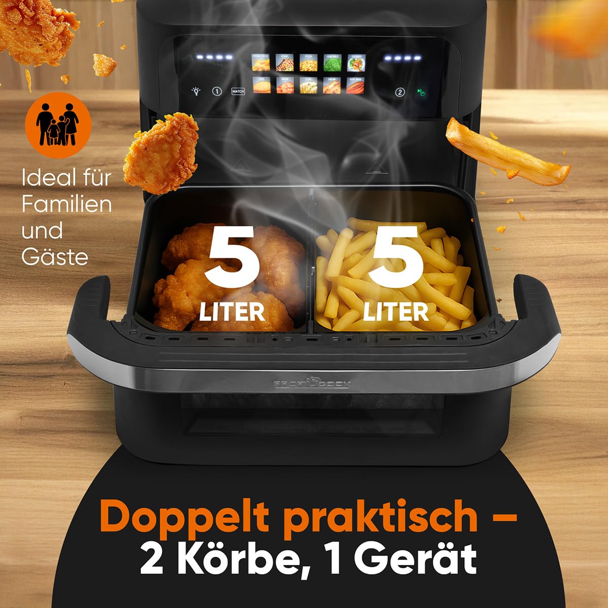 ProfiCook® XXL Heißluftfritteuse | 10L | Öl und Fettfrei | buntes Touch-Display | 2400W Airfryer | Heißluftfritteuse 2 Kammern | 10 Programme | 80-200°C | Heissluftfritteuse | PC FR 1313 H 3