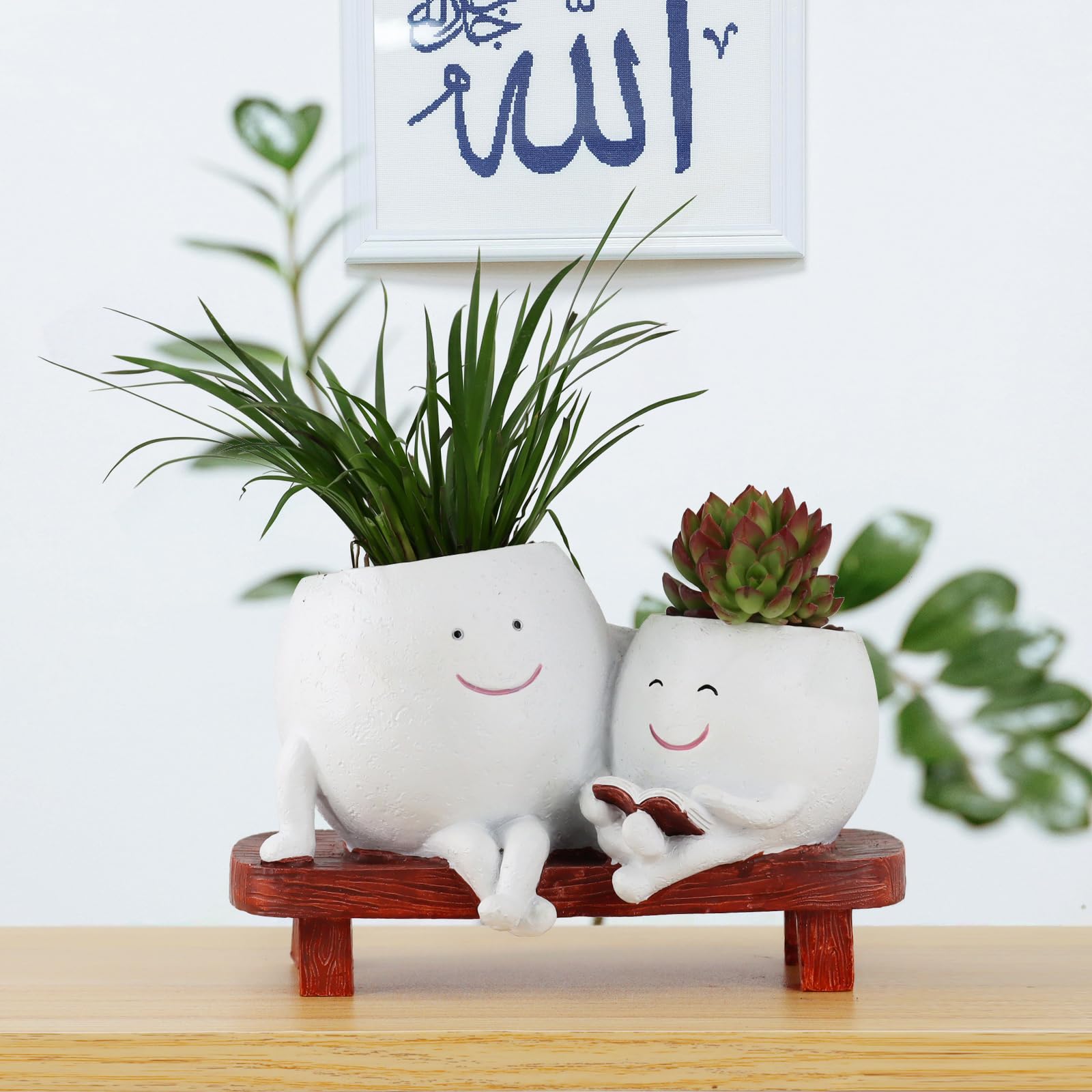 Meltset M Face Planters Pots Head for Indoor Plant,Unique Cute Planters Sitting on Bench Double Head,Smile Face Flower Pot with Drainage, Novelty Plant Pot for Succulent Cactus,Great Gift (White)