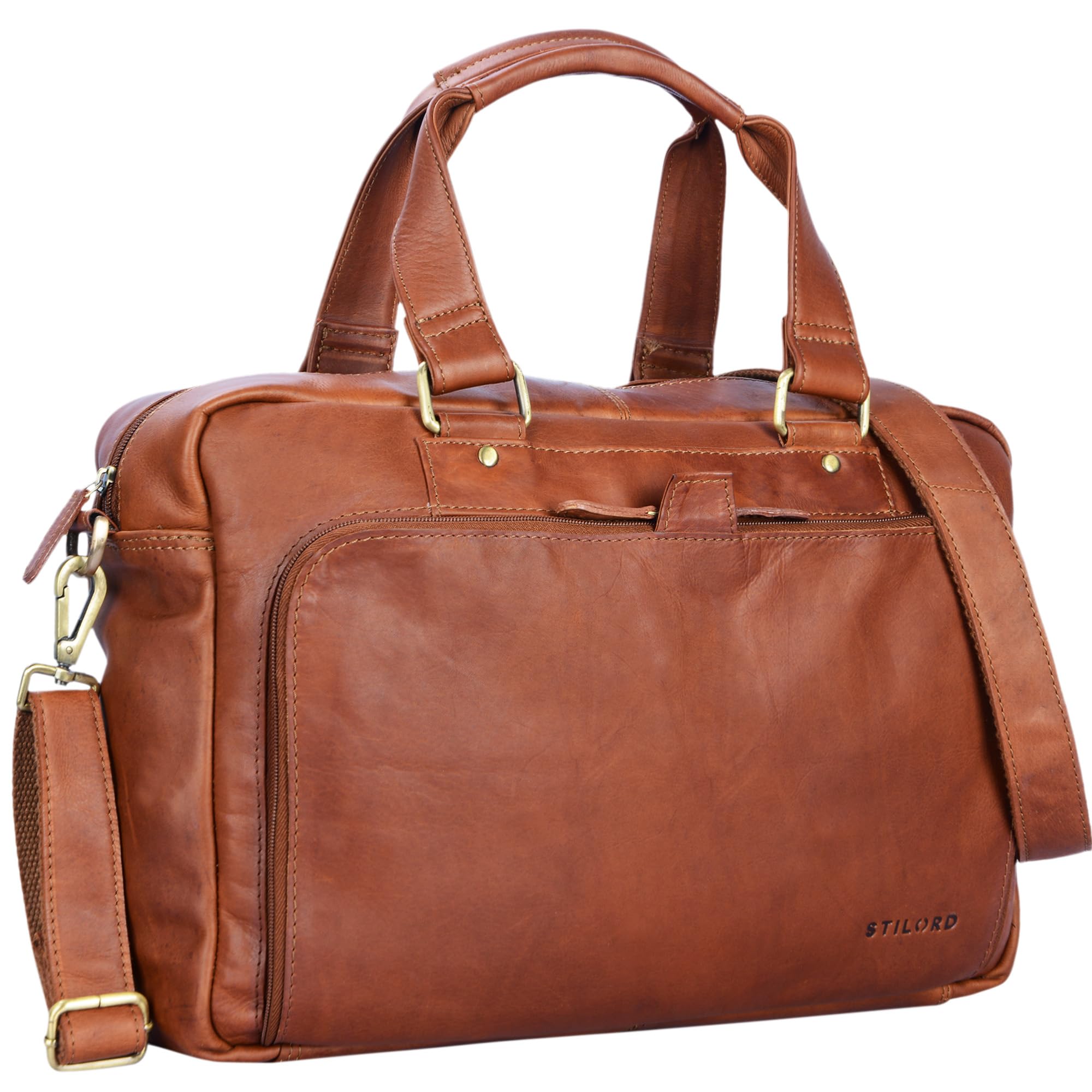STILORD "Jon" Vintage Shoulder Bag Leather Men Women Laptop Bag 15.6 inch A4 for Work University Business Briefcase in Genuine Buffalo Leather Colour:Cognac-Brown
