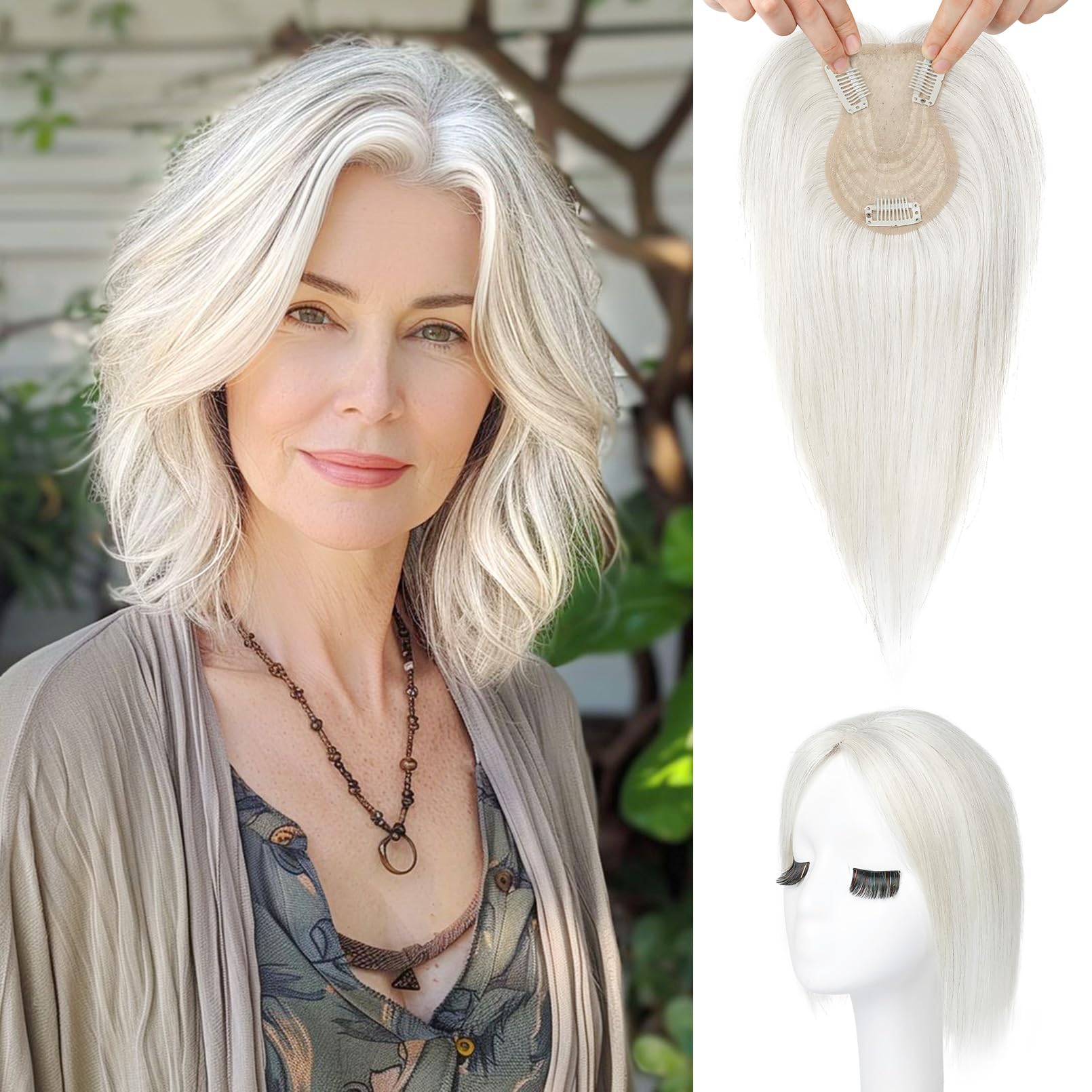 Photo 1 of Flufymooz 100% Real Human Hair Toppers for Women, 10 Inch Clip in Human Hair Topper for Thinning Hair, 360°3D Cover Clip in Bangs Natural Hairpiece With 4.5'' x 3'' Silk Base-Silver White