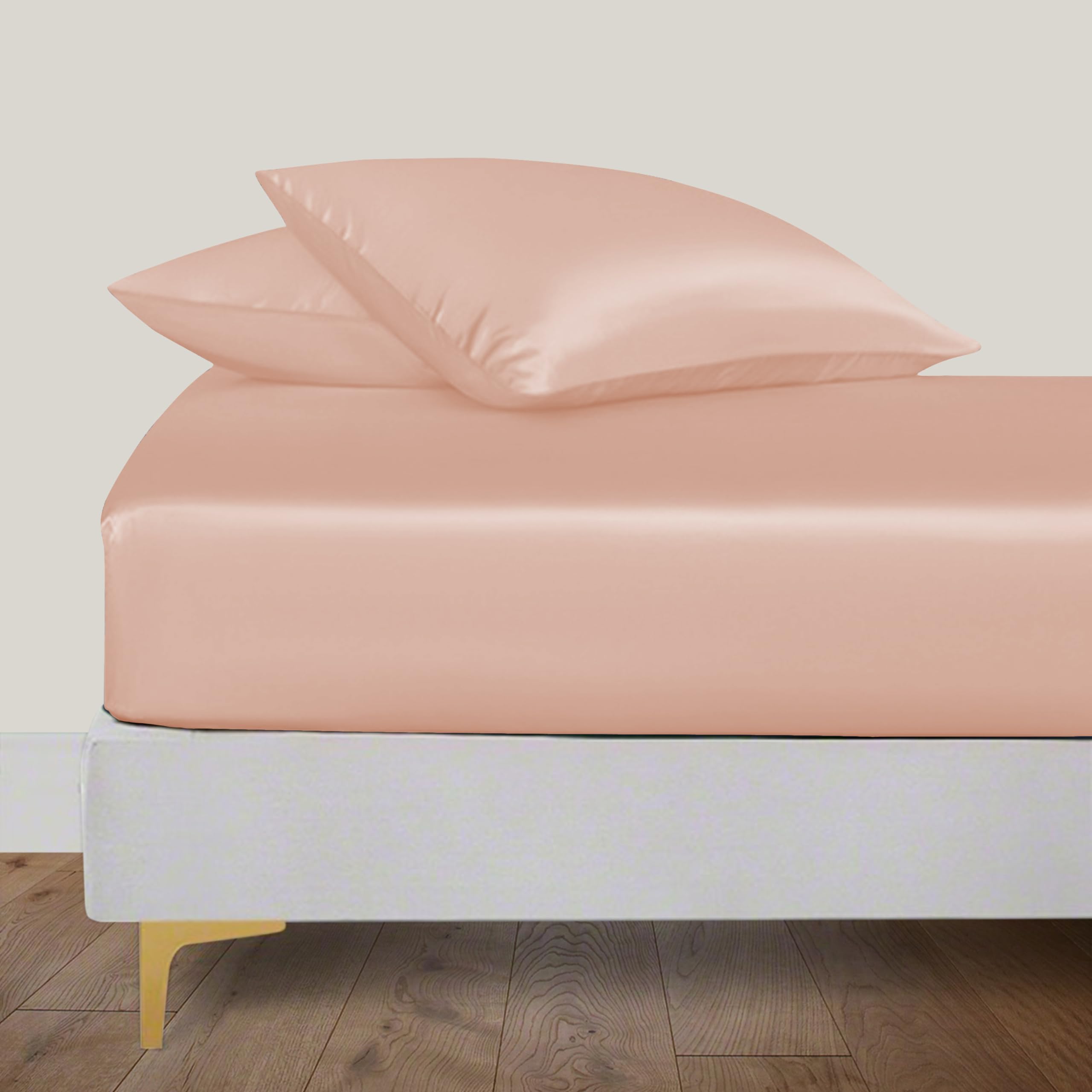 LINENWALAS Emperor Fitted Sheet with Pillowcases, 100% Organic Bamboo Silk Fitted Sheet, Up to 16 Inch (40 cm) Deep Pocket, Soft, Cooling, Bedding Fitted Sheet (Emperor, Rose Gold)