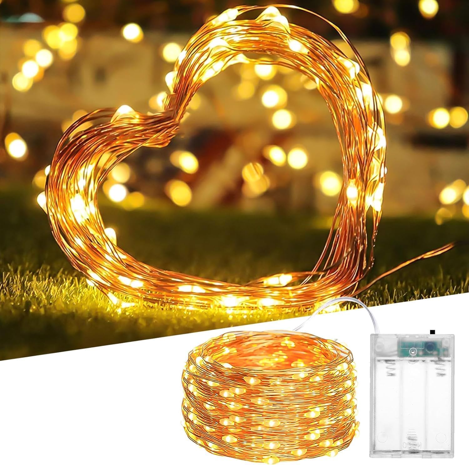 SHATCHI 100 LED/10m Fairy String Lights Copper Wire Battery Operated Warm White LEDs Twinkle Waterproof Lights for Bedroom, Christmas, Party, Wedding Outdoor Indoor Decoration