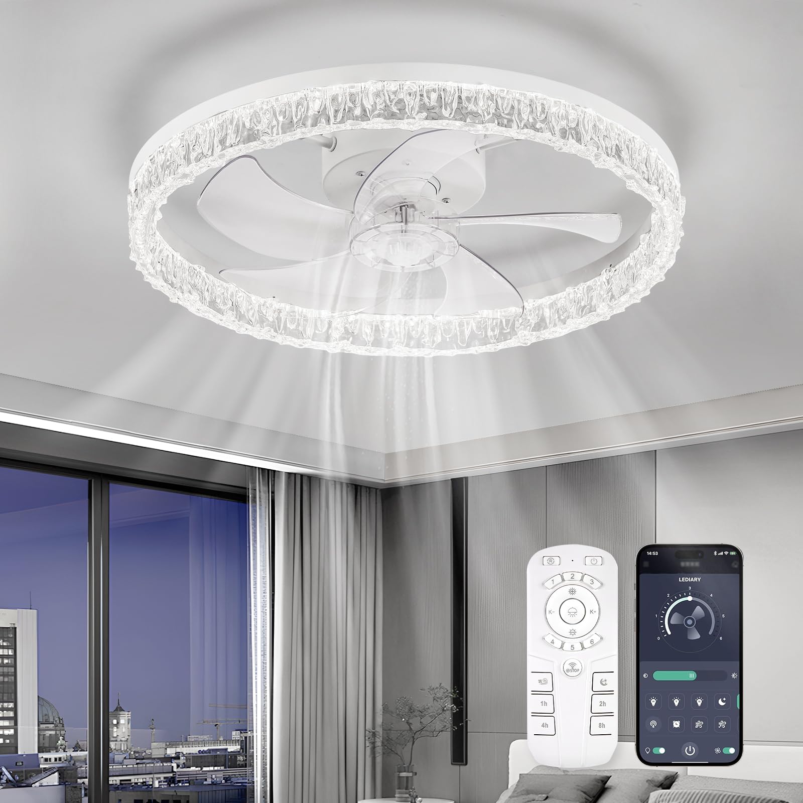 Photo 1 of **PARTS ONLY**FTZVRD Low Profile Ceiling Fans with Lights and Remote, Fandelier Ceiling Fan Flush Mount, 3000K-6500K Smart 5 Fan Blades LED Fan Light, Modern Ceiling Fans with Lights for Bedroom