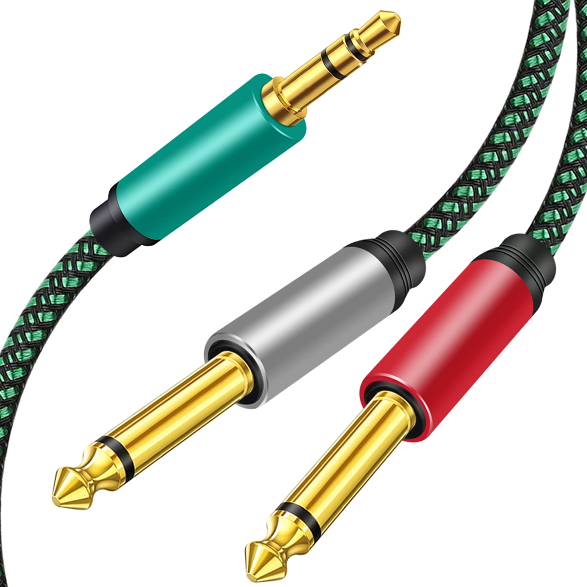 3.5mm 1/8 inch TRS Male to Dual 6.35mm 1/4 inch TS Male Mono Stereo Y-Cable Splitter for cell phone/Amplifiers/Mixer Audio Recorder, Zinc Alloy Housing, Nylon Braid, Gold Plated Copper Shell, (1M)