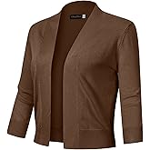 GloryStar Women s 3/4 Sleeve Cropped Cardigan Sweaters Open Front Knit Short Bolero Shrugs Coffee- S