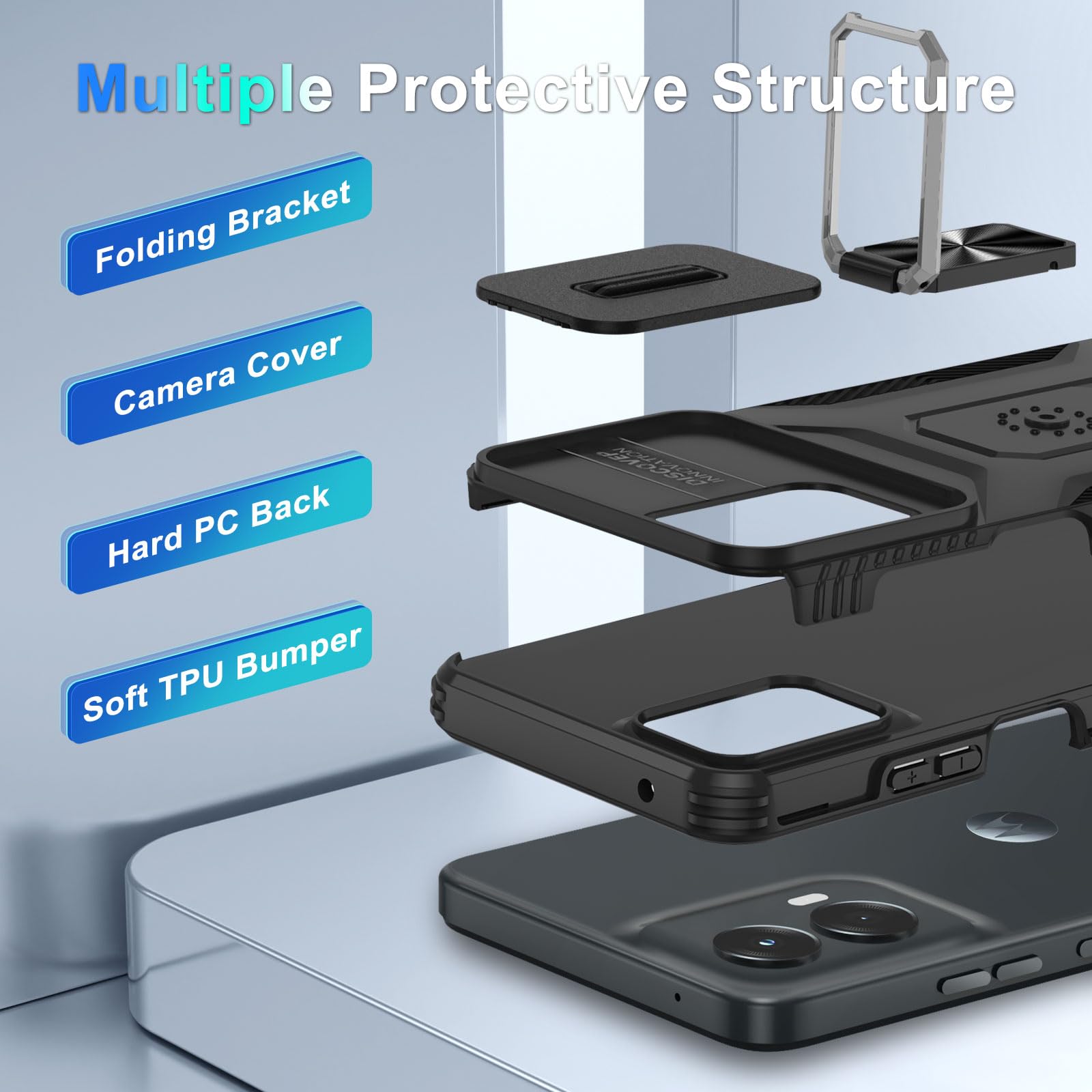 for Motorola Moto G 5G 2024 Case with Tempered Glass Screen Protector and Camera Lens Cover, Ring Stable Kickstand,Heavy Duty Shockproof Protective Phone Cover-Black