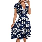LYANER Women's Warp V Neck Ruffle Short Sleeve A Line Swing Flared Cocktail Party Midi Dress