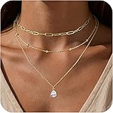 Zikichiky 3PCS Layered Necklaces for Women 14K Gold Plated Layering Necklace Set Dainty Teardrop Cubic Zirconia Pendant Paperclip Chain Choker Minimalist Jewelry Gift