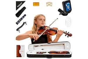 Fesley Violin Fiddle Full Set: 4/4 Matt Violin Kit for Beginners, Acoustic Violin with Hard Case, Solidwood Hand Made Starter
