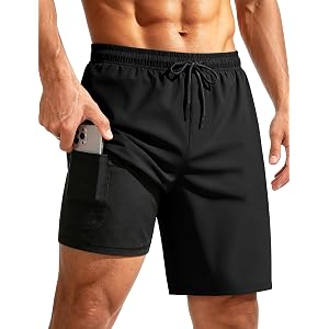 ASYJUMPD Mens Swim Trunks with Compression Liner 7 Inch Quick Dry Bathing Suit Beach Shorts with Zipper Pockets