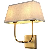 JIMUBEAM Vintage 2-Lights Wall Sconces with Linen Fabric Lampshade, Double Head Bathroom Vanity Lights Fixture in Antique Bra