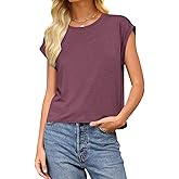 Women Crewneck Cap Sleeve T Shirts Basic Summer Casual Tops Loose Fit Tee Solid Color Blouse