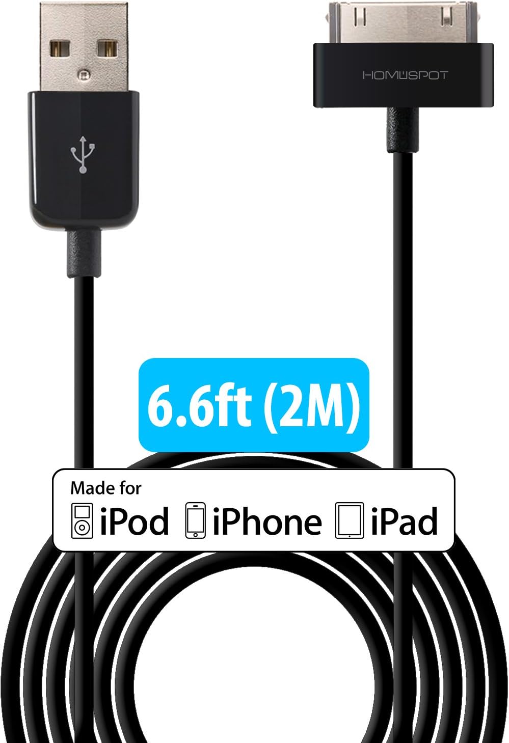 HomeSpot iPhone 4S iPod Cable, 2 Pack Apple Certified MFi 30 Pin to USB Charge and Sync Charging Cord Charger Compatible with iPhone 4/4s, iPhone 3G/3GS, iPad 1/2/3, iPod - 6.6 Feet 2 Meter Black