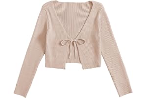 Floerns Women's Tie Front Long Sleeve Rib Knit Shrug Sweaters Cardigan Crop Top