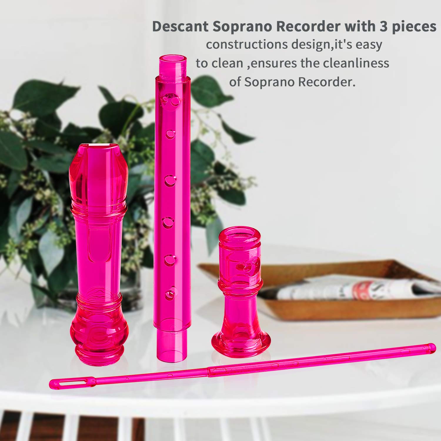 Lot-Yes 8-Hole Soprano Descant Recorder with Cleaning Rod + Case Bag Music Instrument (Crystal Pink)