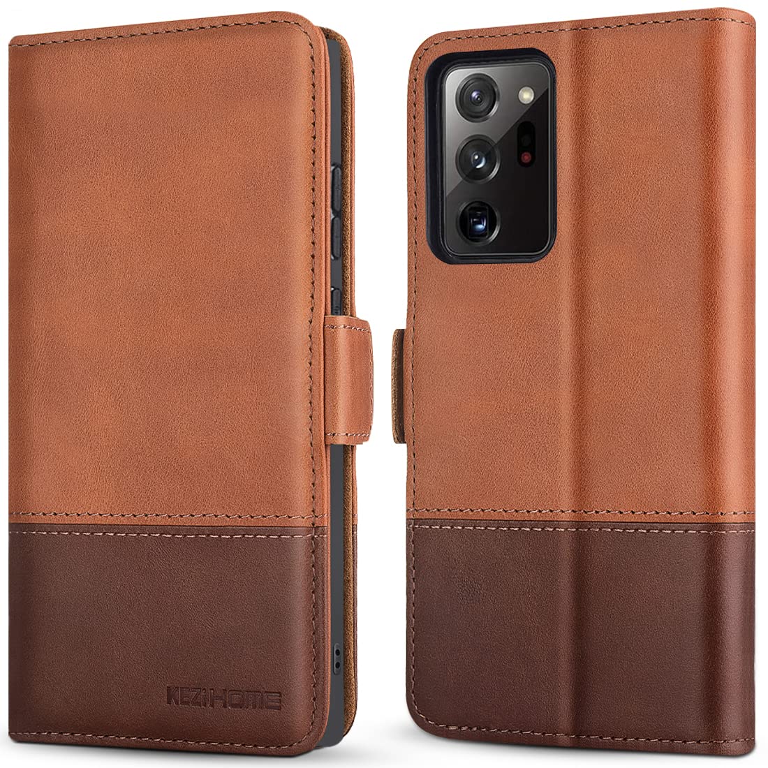 KEZiHOME Note 20 Ultra Case, Genuine Leather [RFID Blocking] Galaxy Note 20 Ultra 5G Wallet Case Credit Card Slot Flip Magnetic Stand for Samsung Galaxy Note 20 Ultra 2020 (Khaki/Brown)