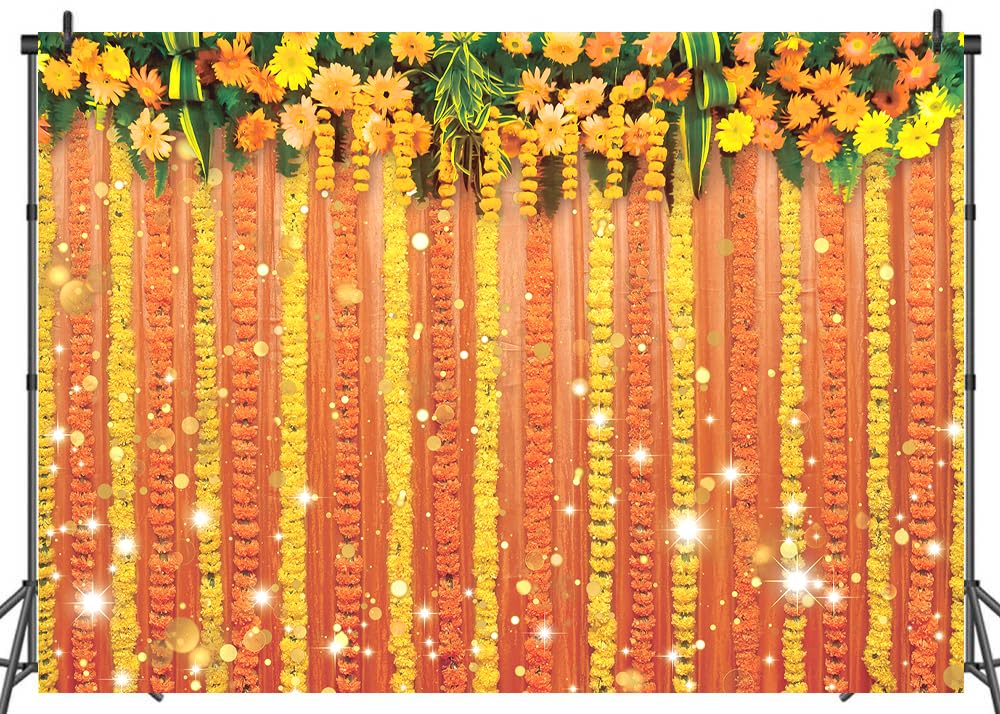 Photo 1 of LTDKAEN Indian Pooja Backdrop Yellow Flowers Curtain Traditional Chatiya Navratri Ganpati Ganesh Marigold Photography Background Festival Wedding Party Decoration 8x6ft