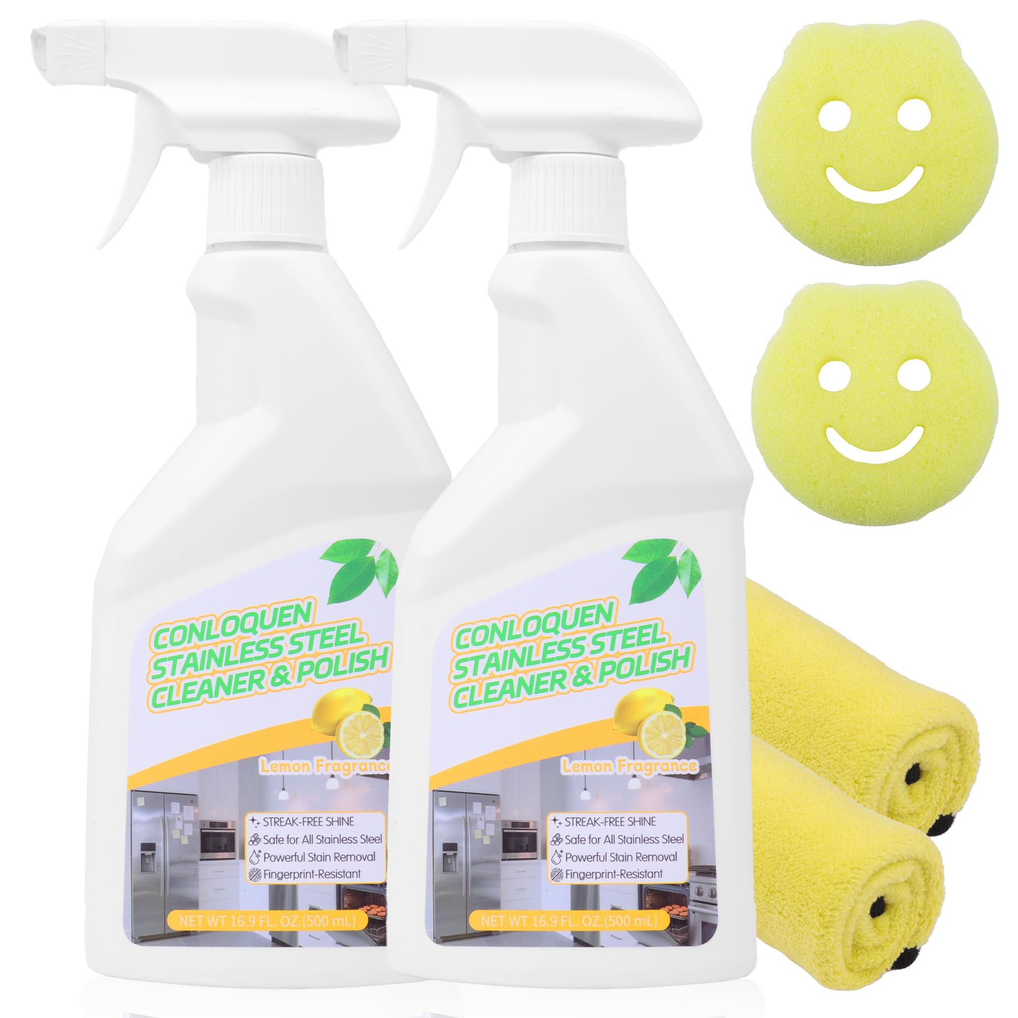 Photo 1 of ***Factory seal***

2-Pack Stainless Steel Cleaner Spray, Cleans & Polishes for Streak-Free Shine on Appliances, Range Hood, Sinks, Ovens, Refrigerators 33.8 Oz– Includes 2 Kitchen Sponges & 2 Mop Cloths, Lemon Scent