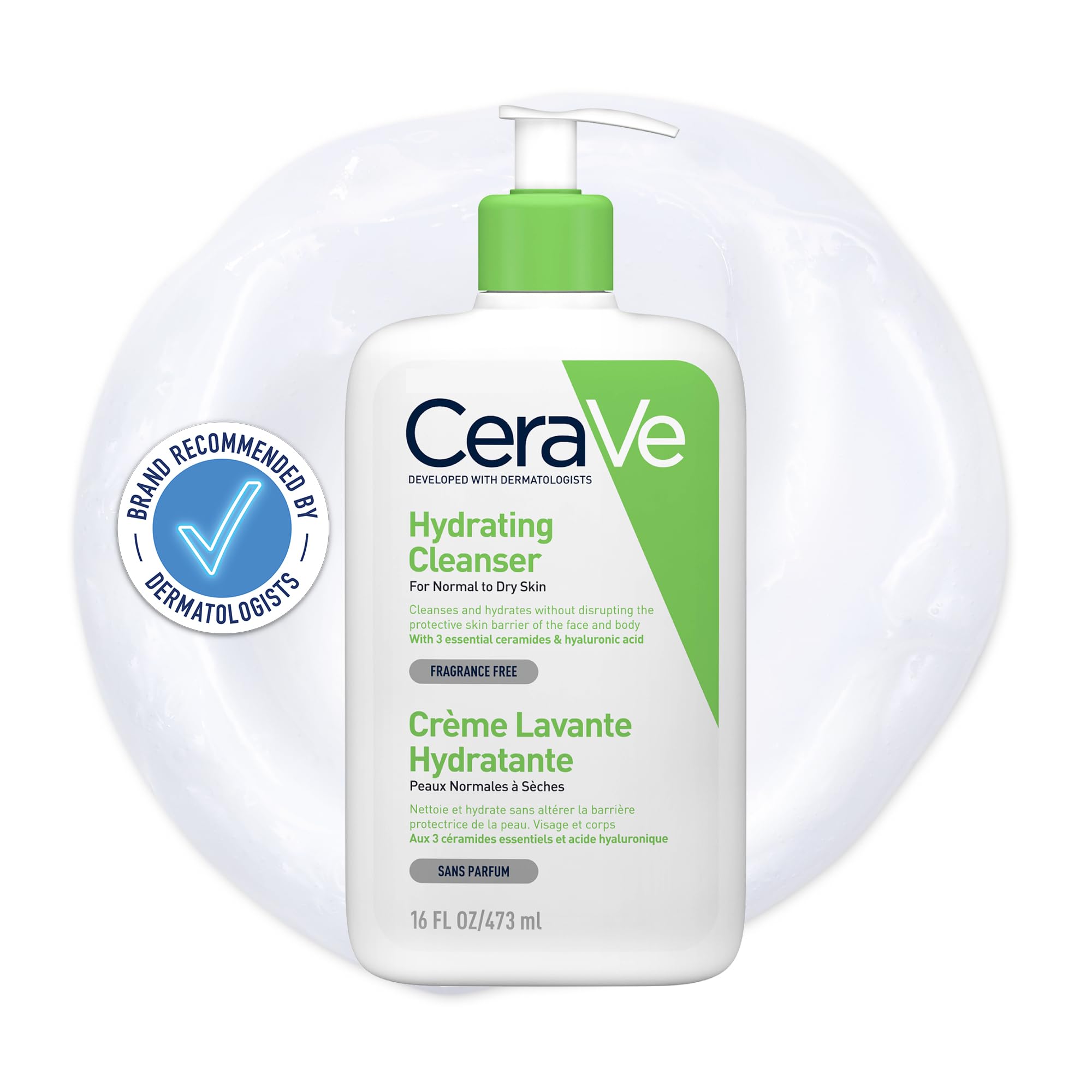 CeraVe Hydrating Cleanser, for normal to dry skin, contains Hyaluronic Acid and 3 essential ceramides, facial cleanser for sensitive skin, Cerave skin care face wash, 473ml