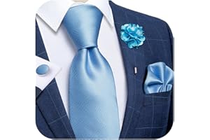 DiBanGu Solid Light Blue Ties for Men Silk Sky Blue Necktie and Lapel Pin Pocket Square Cufflinks Set Mens Wedding Blue Tie