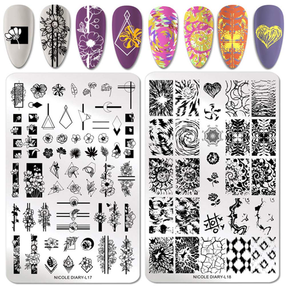 nicole diary xl nail art stamping plates set 2pcs flower and texture heart image template stencils plates for diy print manicure salon nail art decorations 14 5cm 9 5cm buy online in faroe islands at