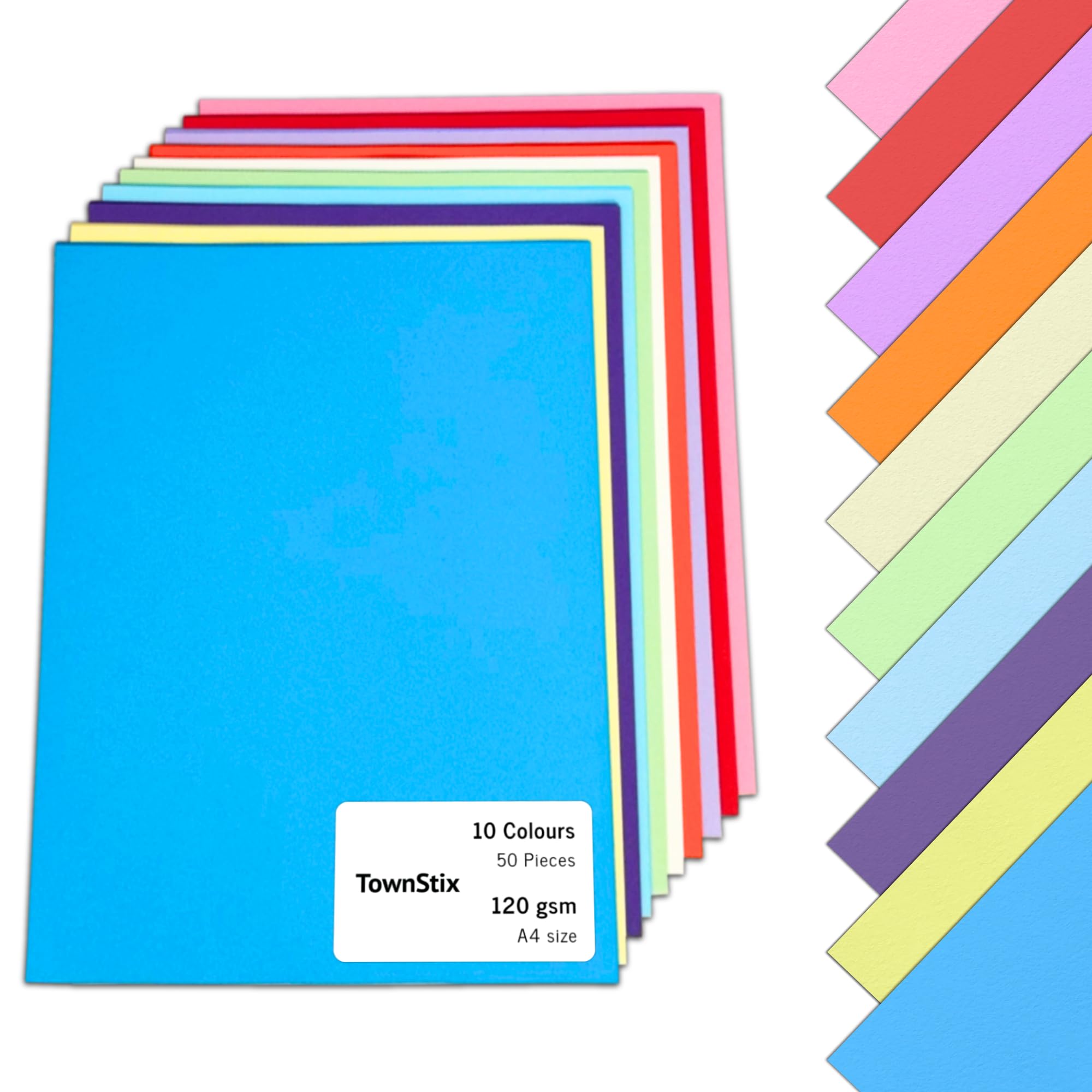 50 Sheets, 120gsm - Coloured Paper A4, Multi Colour Card Cardstock for Art & Craft - 10 Colours