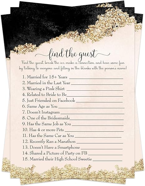 Amazon Com Ivory Bridal Shower Game 25 Pack Meet The Guest Cards Lets Mingle Fun Conversation Starter Engagement Party Wedding Rehearsal Bride And Groom Celebration Black And Gold Kitchen Dining