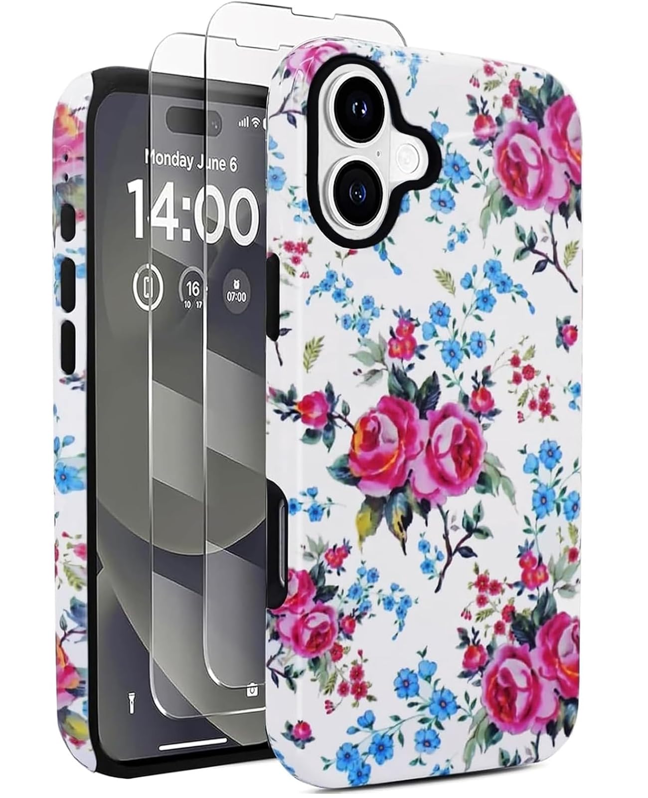 J.west for iPhone 16 Plus Case 6.7 inch with 2 Pack Tempered Glass Screen Protectors Cheetah Animal Leopard Floral Hybrid Cover for Girls Women Protective Phone Cases (Blue Pink, for iPhone 16 Plus)