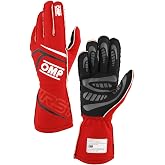 OMP Racing Driving Gloves, First, FIA Approved, Single Layer, Fire Retardant Fabric, Red, Large, Pair