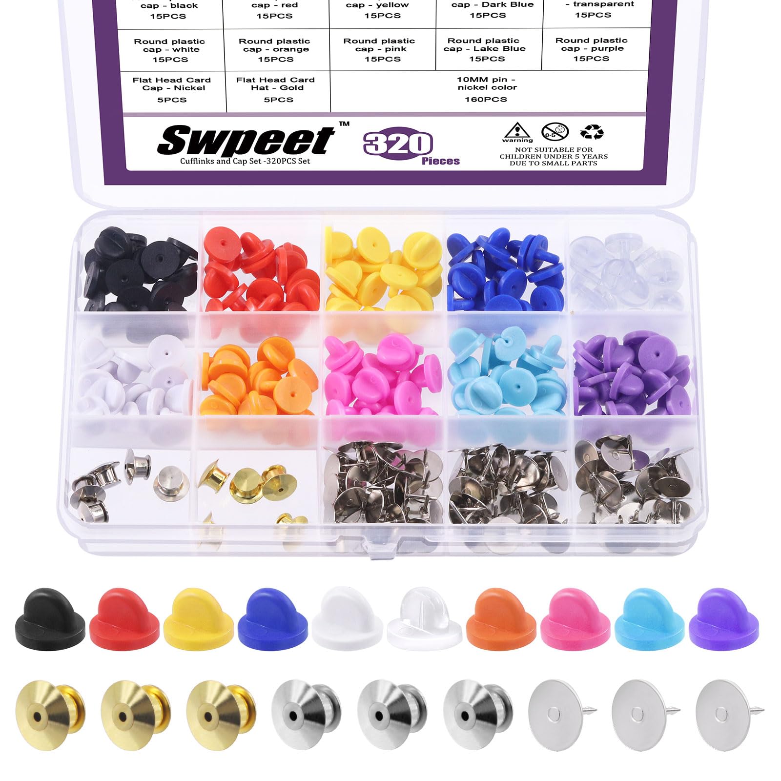 Swpeet 320Pcs Rubber Pin Backs Locking Butterfly Clutch Kit, 10mm Blank Pins, Assorted Colors, Storage Case, Tie Tacks Keepers Replacement