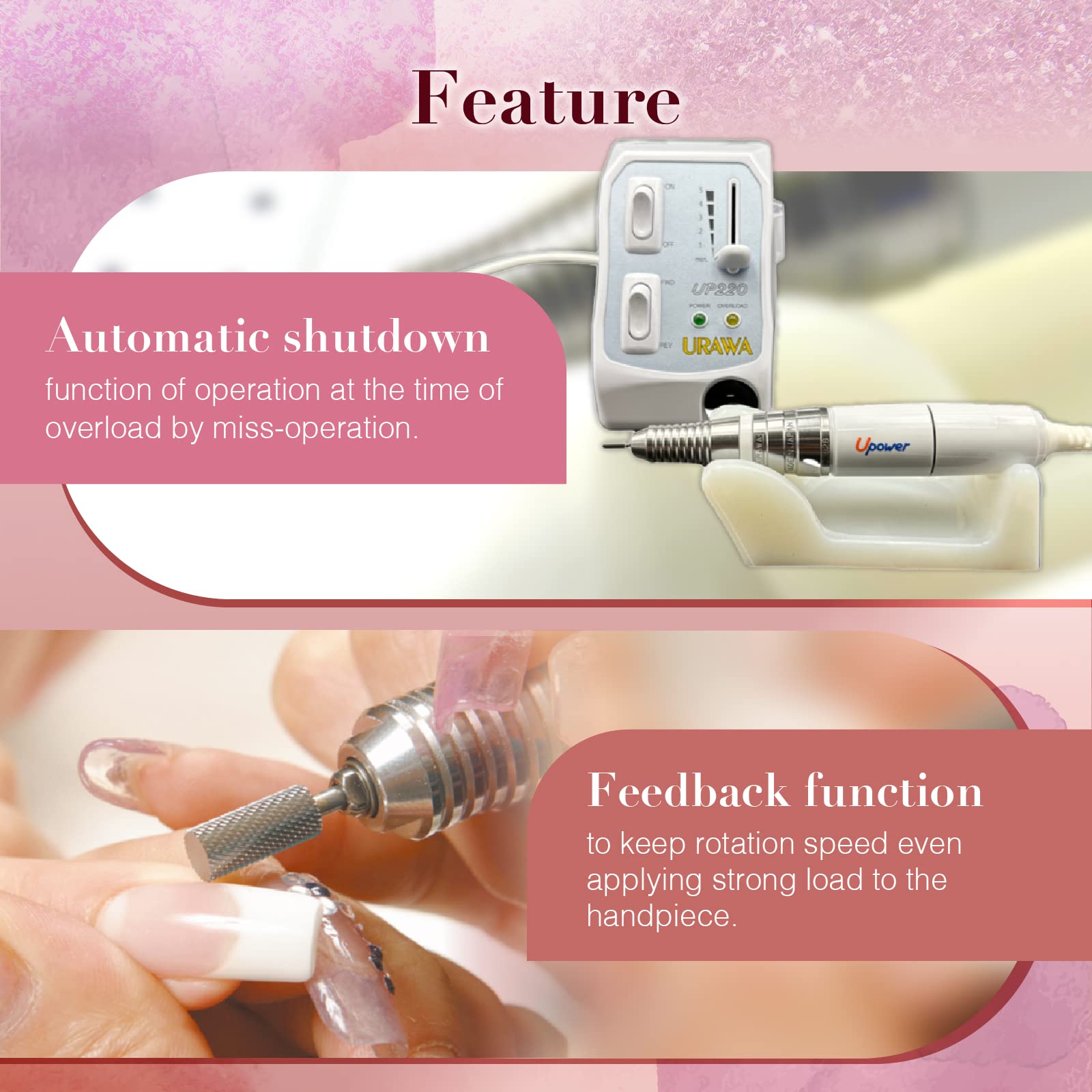 [Upower] UP220 Professional Nail Drill Machine, 20000 RPM Electric File for Nails, Low Noise & Low Vibration, Home and Salon Use (Made in Japan) Produced by URAWA Corp. [White-Blue]