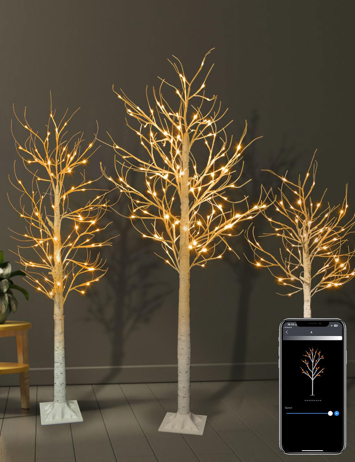 Photo 1 of Set of 3 Smart Lighted Birch Tree 4FT 5FT 6FT, 18 Modes Bluetooth App Control with Timer, Birch Christmas Tree with 265LED White Lights Higher Size for Christmas Decorations Indoor Outdoor Yard