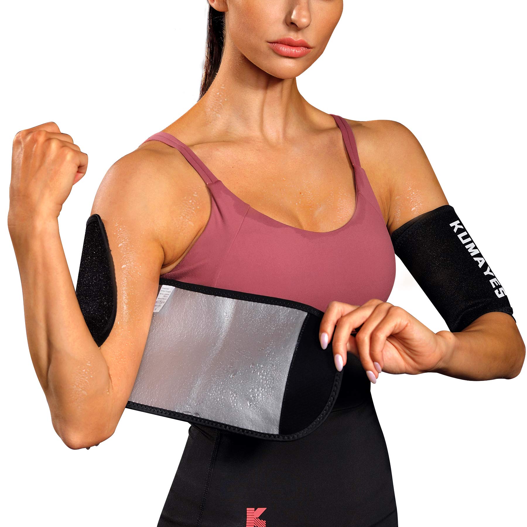 KUMAYES Sweat Arm Bands Trimmer for Women & Men Sauna Arm Slimmer Shaper Compression Sleeves Wraps, Black, Medium