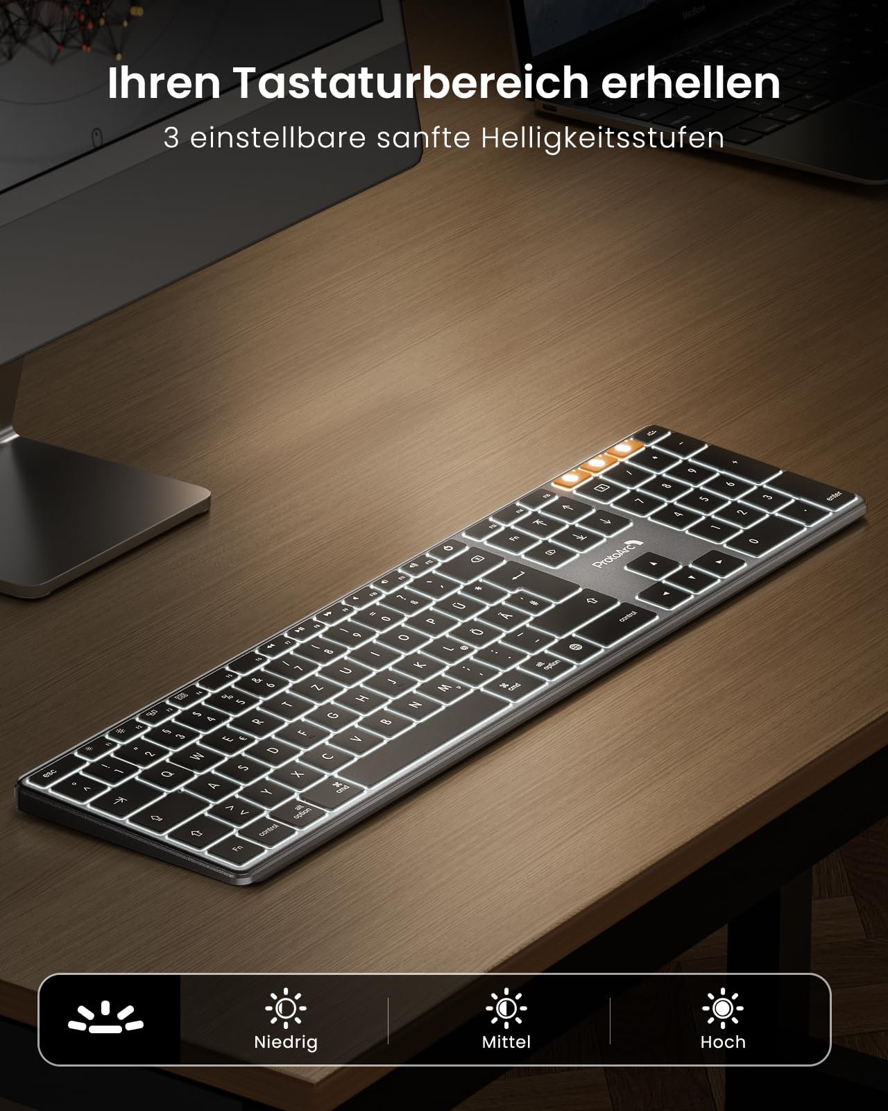 ProtoArc Beleuchtete Kabellose Tastatur für Mac, K110-A Aluminium-Bluetooth-Tastatur Full-Size, Mehrere Geräte, Flach, Wiederaufladbar, Funktastatur für MacBook Pro/Air, Mac mini, iPad 3